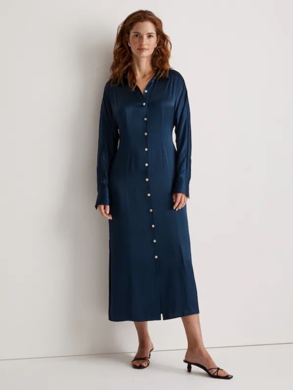 Madewell Satin Button-Front Midi Shirtdress in Navy size 2